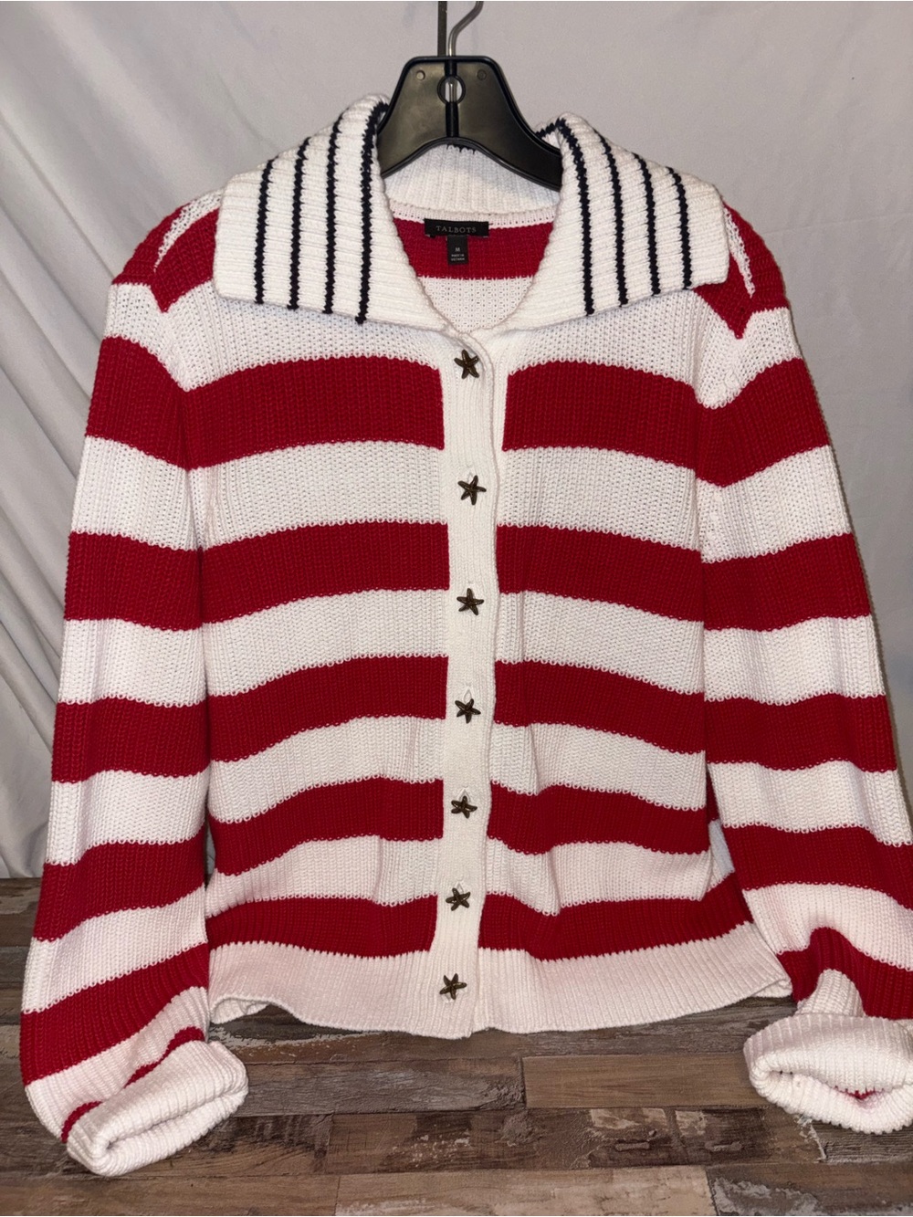 Talbots Red & White Striped Star-Button Cardigan